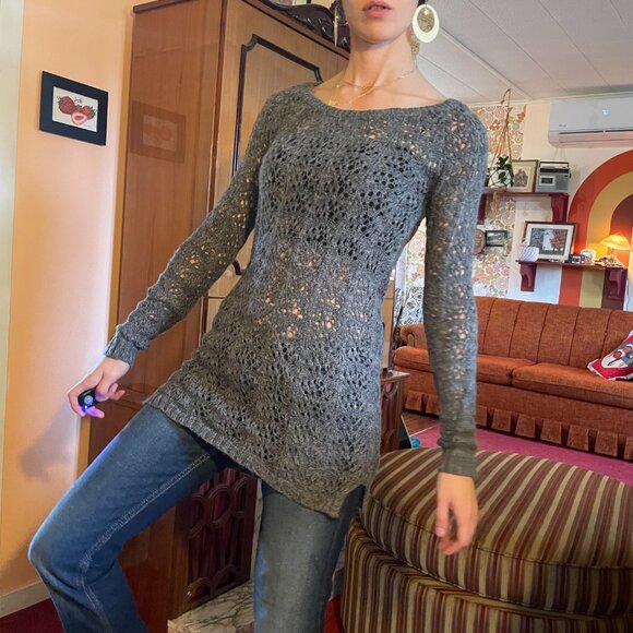 Y2K LAYERING Grey crochet knitted tunic long sleeve sweater - Picture 1 of 13